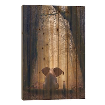 Elephant And Dog Sit In The Autumn Forest Print On Wood by Mike Kiev - Multi-Color