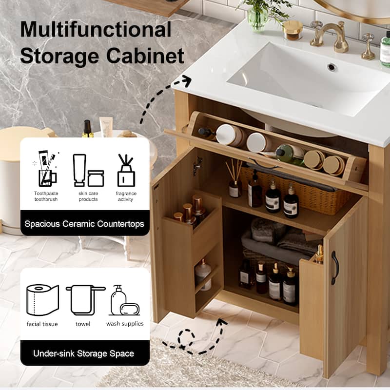 60" Freestanding Bathroom Vanity with Ceramic Sink, Solid Wood Frame, 4 Soft-Close Doors & 2 Flip Drawers