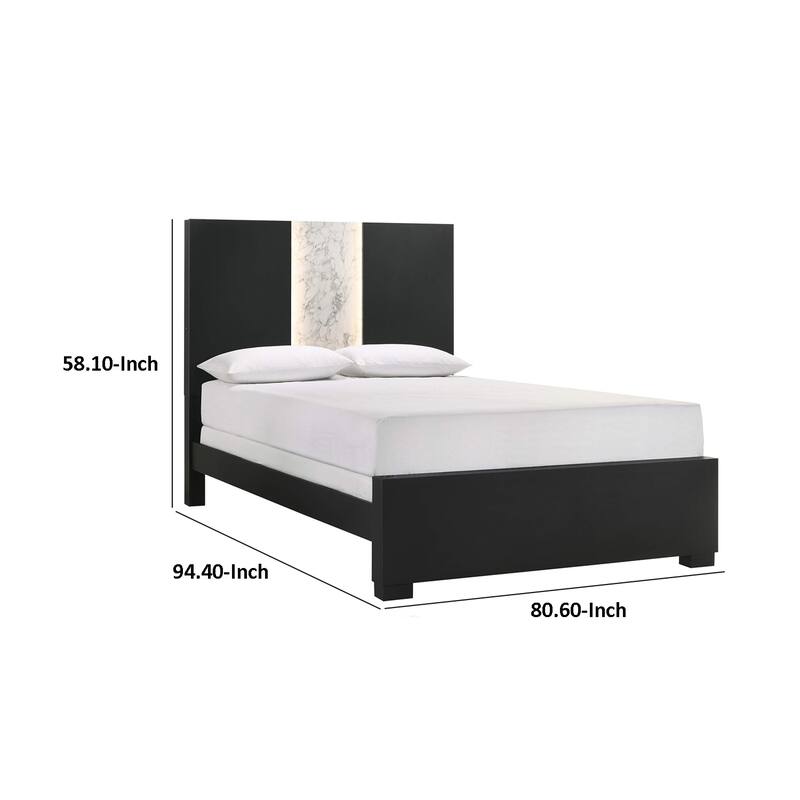 Amey Queen Panel Bed, Built In Light, White Marble Trim, Black Wood