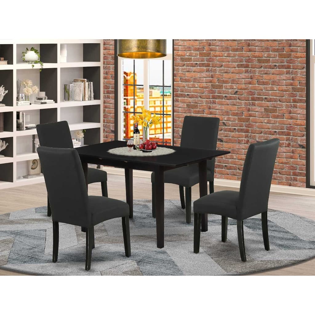 HomeStock 5-Pc Black Finish Solid Wood Top - Rectangular Upholstered Dining Room Set with Butterfly Leaf - Seats 4