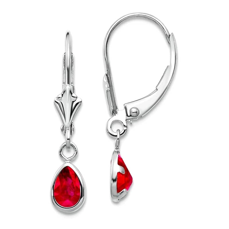 Curata 14k White Gold 6x4mm Bezel Pear Gemstone Birthstone Leverback Earrings - 23x4mm - Ruby