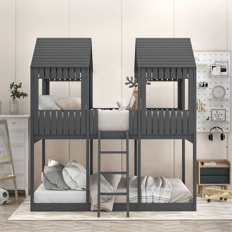 Full Over Full WoodBunk Bed with Roof, Window, Guardrail