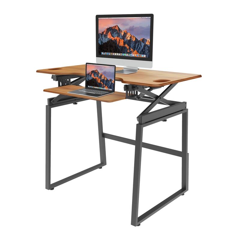 Rocelco 46 in.W Beige Height Adjustable Standing Desk Dual Monitor Riser Gas Spring Assist Computer Workstation Keyboard Tray