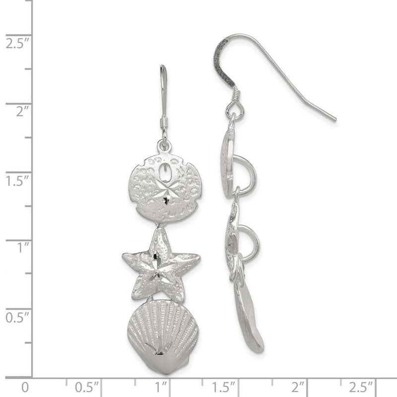 Curata 925 Sterling Silver 58x15mm Satin Shell and Starfish Sea Life Dangle Hook Earrings