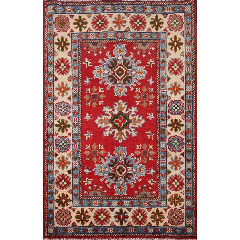 Geometric Kazak Foyer Rug Hand-Knotted Red Wool Carpet - 2'8" x 3'11"