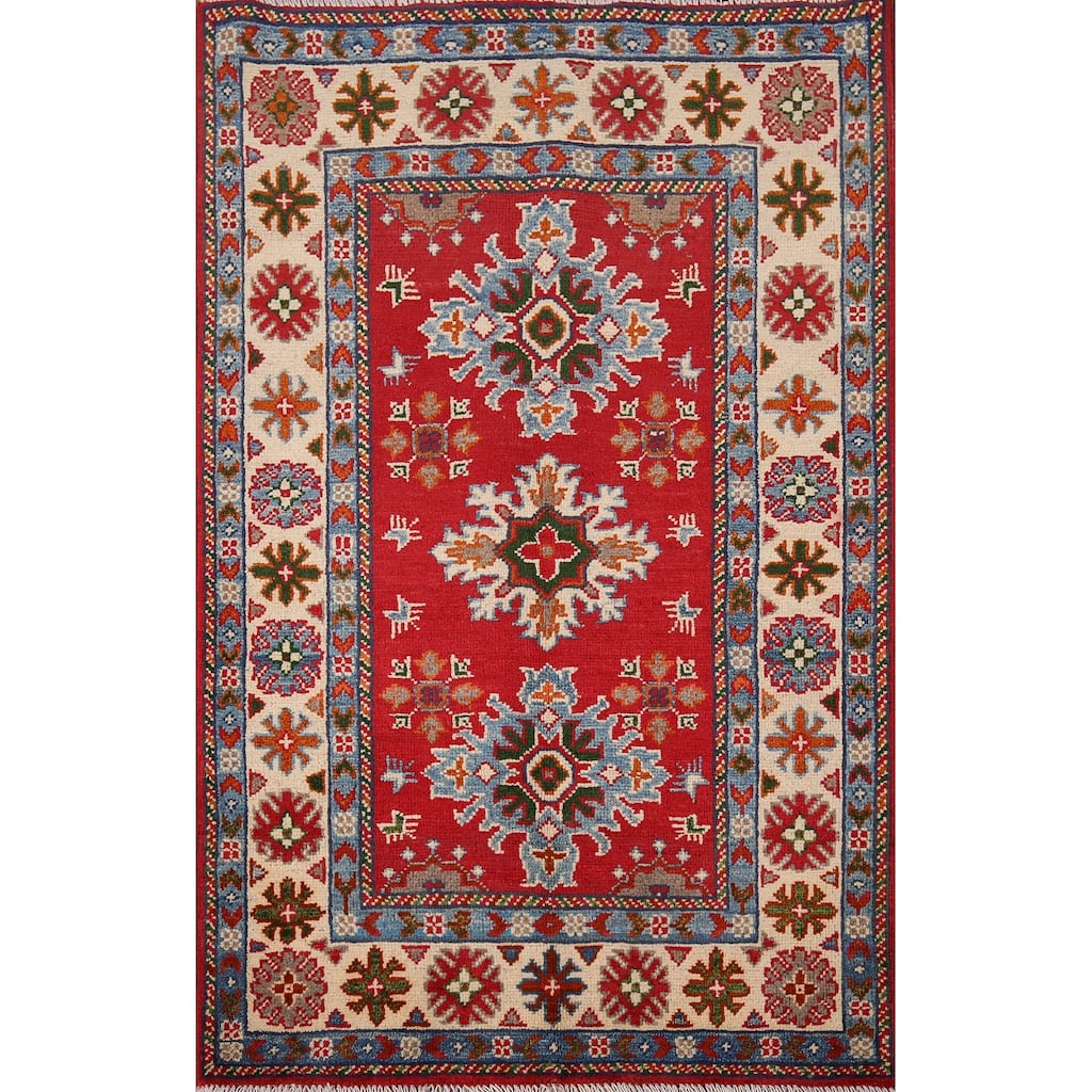 Geometric Kazak Foyer Rug Hand-Knotted Red Wool Carpet - 2'8" x 3'11"