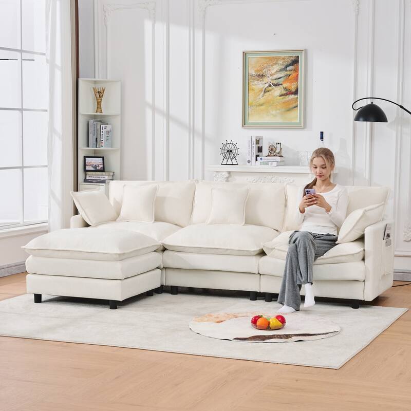 L-Shaped Modular Sectional Sofa with Movable Storage Ottoman, Comfy Cashmere Deep Seat Cloud Couch, Lounge Sofa with Pillows