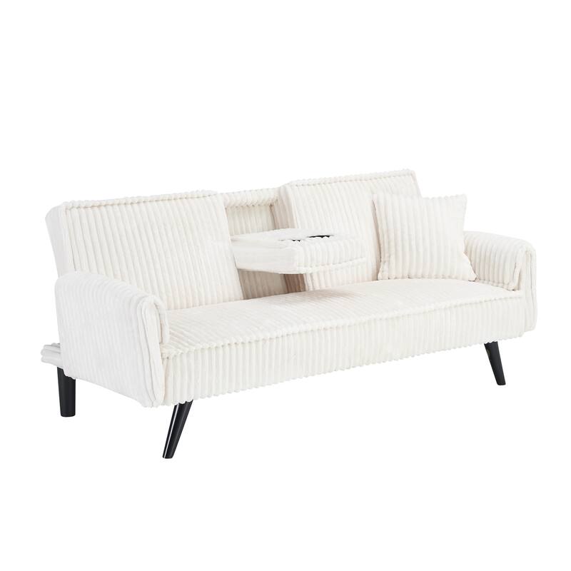 Corduroy Convertible Sleeper Sofa Bed, Upholstered Loveseat with Armrests, Small 2 Seater Sofa with Retractable Cup Holder
