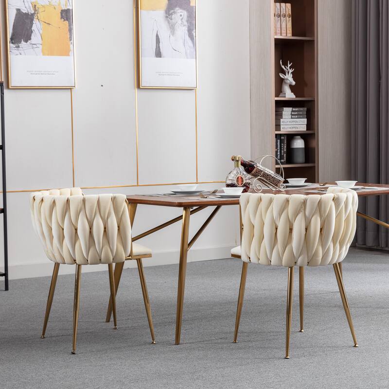 Modern Velvet Dining Chairs Stylish Dining Chairs with Metal Frame and Gold Legs, for Dining Room, Set of 2, Lvory