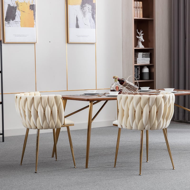 Velvet Fabric Dining Chairs Set of 2, Ergonomic Upholstered Lounge Chair, Accent Chairs with Woven Back & Metal Legs