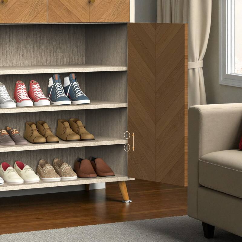 Modern 4-Tier Shoe Cabinet with 2 Drawers and Adjustable Shelves, Herringbone Wooden Freestanding Shoe Storage for Entryway