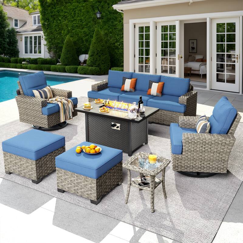 OVIOS 9 Pieces T shaped Seat Wide Armrest Swivel Chair Set With Fire Pit - DiamondBlue