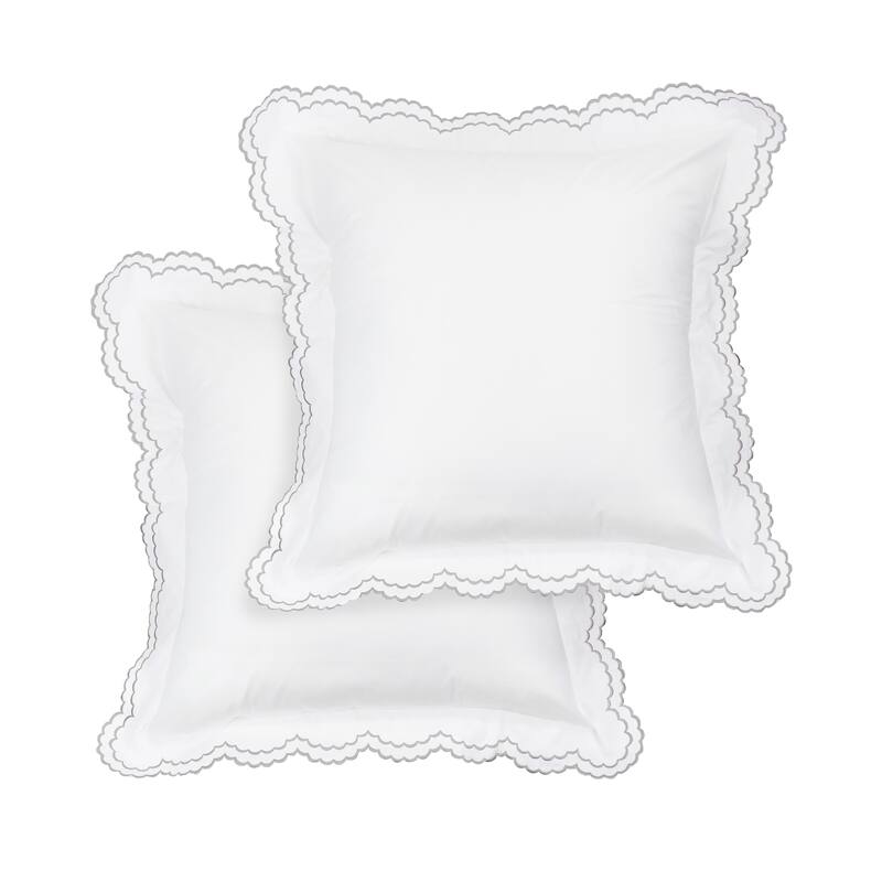 Percale Double Scalloped Embroidered Pillowcase and Sham Cover Set - Grey - Euro Square