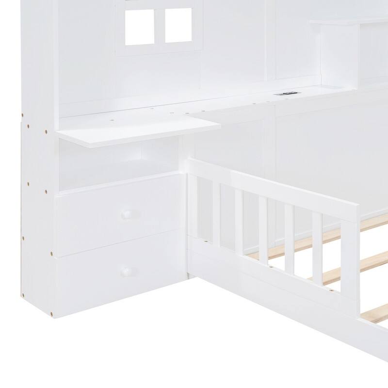 Twin/Full Size House Bed with Window and Bedside Drawers, Kids Montessori Bed Playhouse Bed Frame with Shelves and USB Port