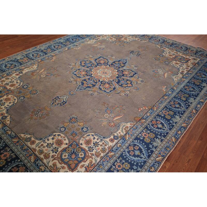 Grey Tabriz Persian Vintage Area Rug Hand-Knotted Bedroom Wool Carpet - 7'10" x 11'0"