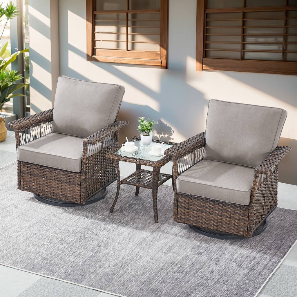Gymojoy 4Pcs Sofa PE Rattan Swivel Chair with Table - Brown