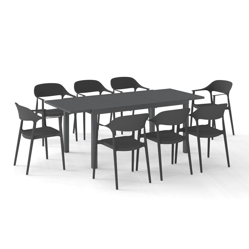 Outdoor Dining Set 9-Piece Stackable Plastic Lightweight Curved Backrest Armchair and Extendable Dining Table