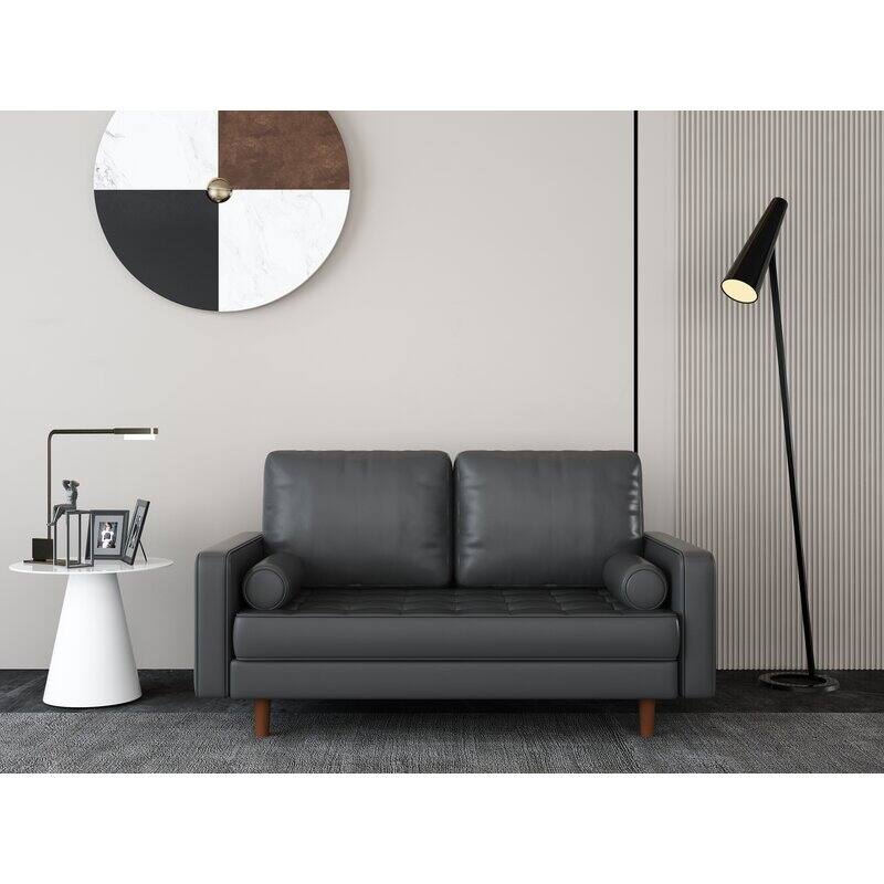 59" Mid-Century Square Arm Leather Loveseat - Black