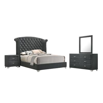 Giya 4pc Queen Bedroom Set, Classic Tufted Dark Gray Velvet Upholstery