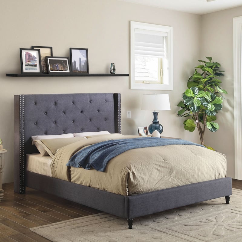 Ralen Transitional Linen-like Upholstered Tufted Nailhead Trim Platform Bed by Furniture of America