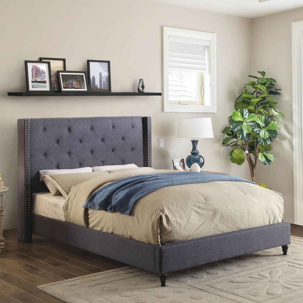 Ralen Transitional Linen-like Upholstered Tufted Nailhead Trim Platform Bed by Furniture of America