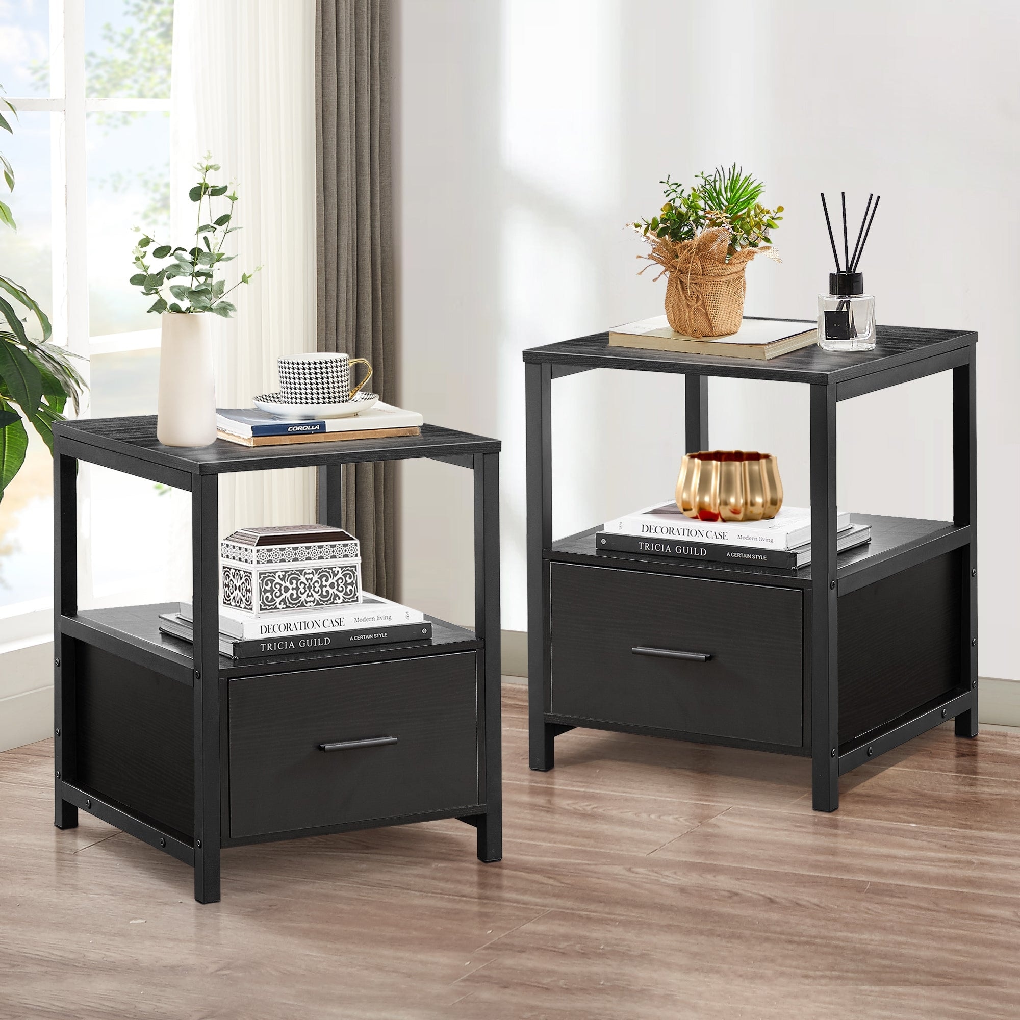 VECELO Nightstand Set of 1/2 Modern Square Metal Frame Side End Table With Drawer & Open Shelf for Living Room Study Bedroom