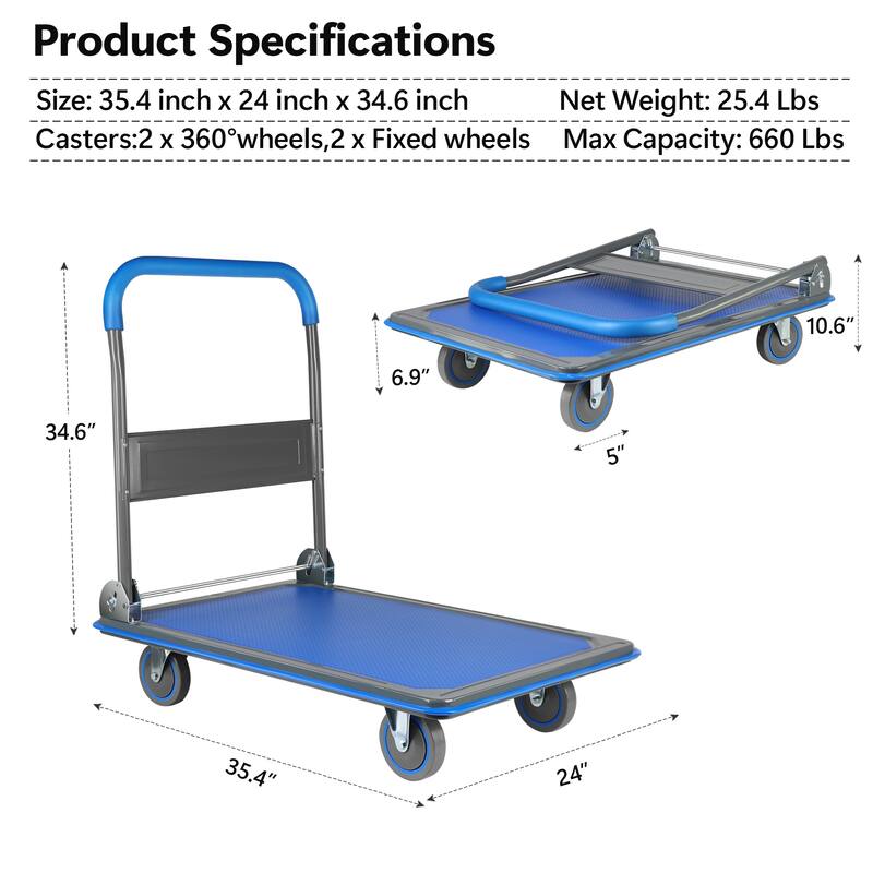 Platform Hand Truck Large Foldable Dolly Cart 360 Degree Swivel Wheels - Weight Capacity:660lbs