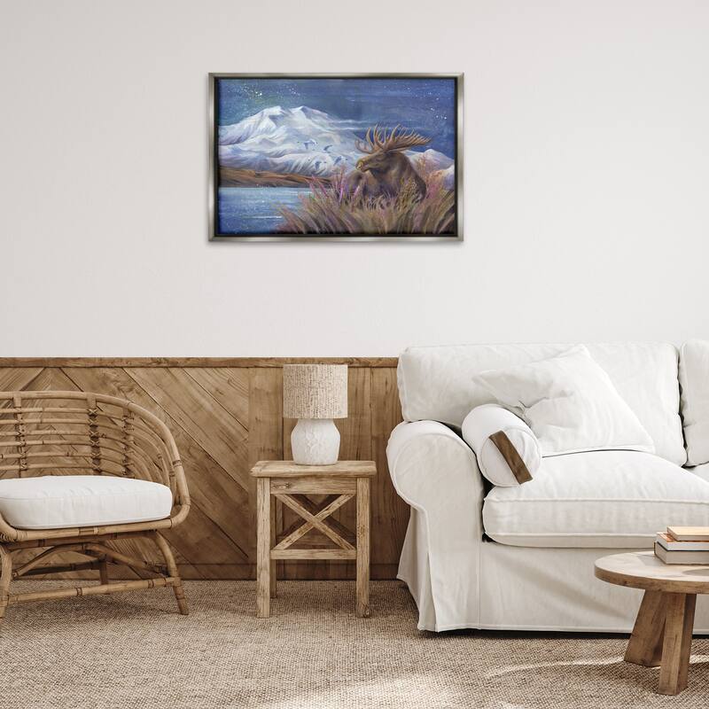 Stupell Moose & Snowy White Mountain Framed Floater Canvas Wall Art Design By Jody Bergsma