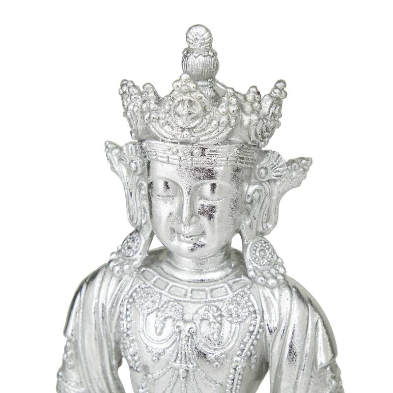 Silver Resin Bohemian Buddha Sculpture with Engraved Carvings and Relief Detailing