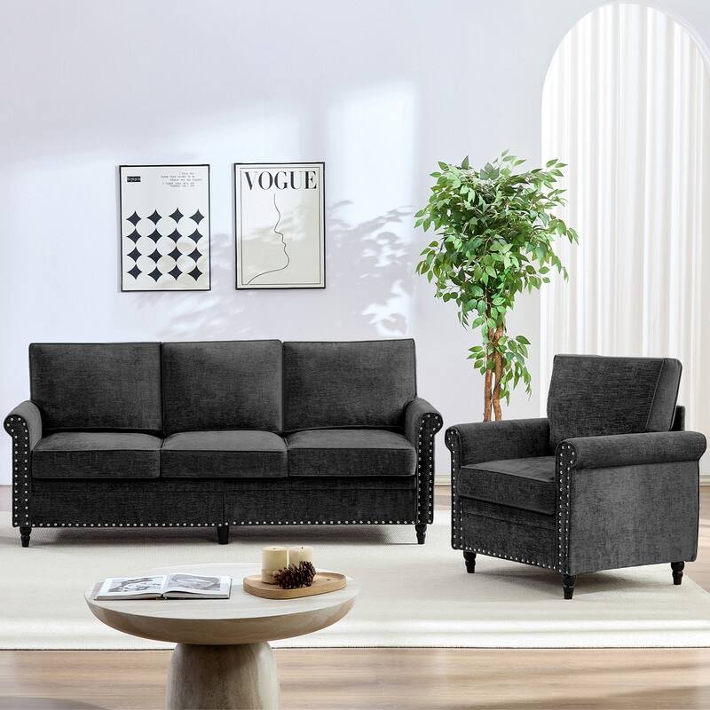 Mixoy Chenille Fabric 3-Seater Sofa Couch with Single Sofa Chair with Rivet Design,Solid Wood Gourd Legs for Living Room - 3+1