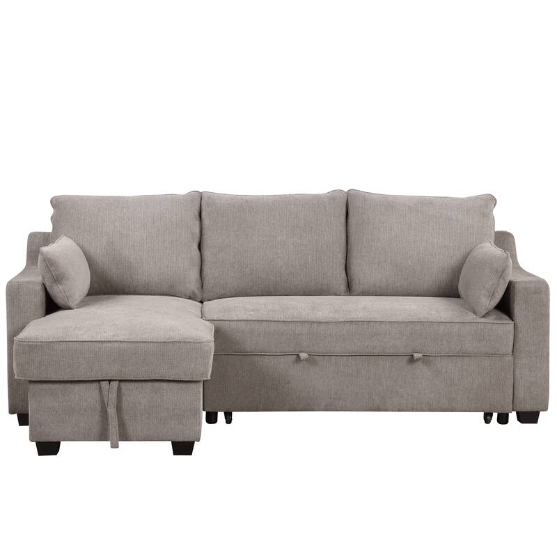 90" Pull Out Sleeper Sofa L-Shaped Couch Convertible Sofa Bed with Storage Chaise, Storage Racks and USB Ports, Light Brown
