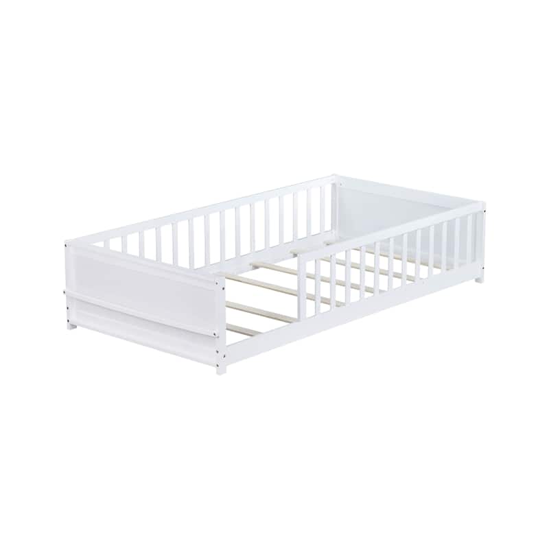 Twin Floor Bed with Built-in Bookcase Rubber Wood Low Profile Platform Bed