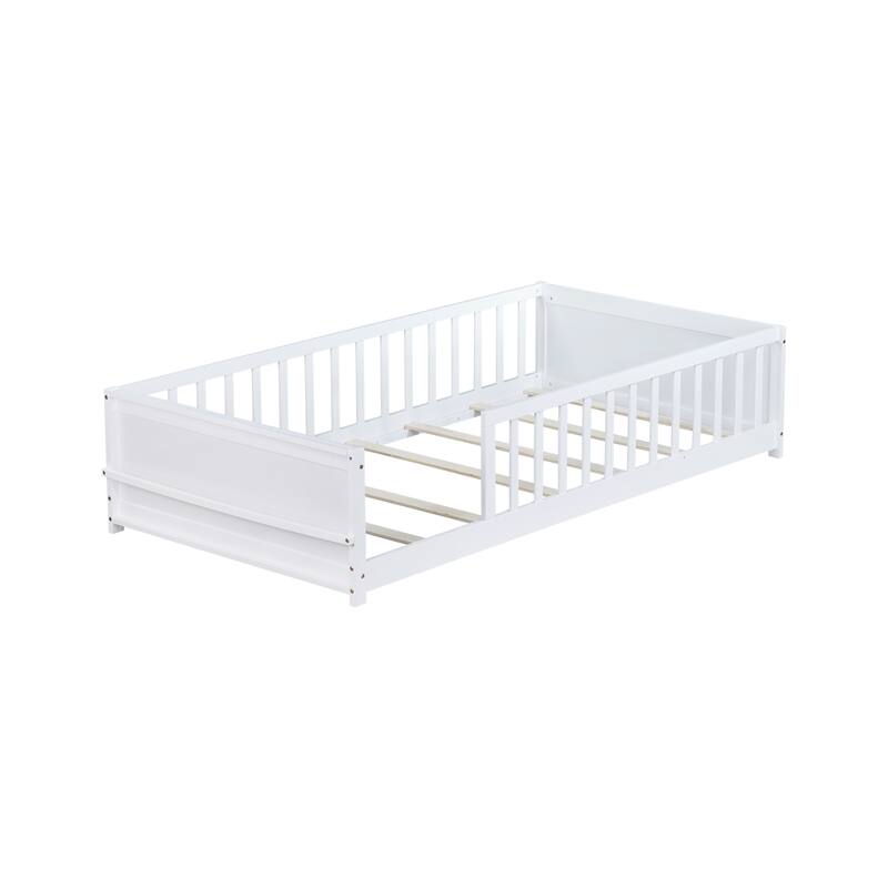 Twin Size Floor Platform Bed with Built-in Book Rack, White