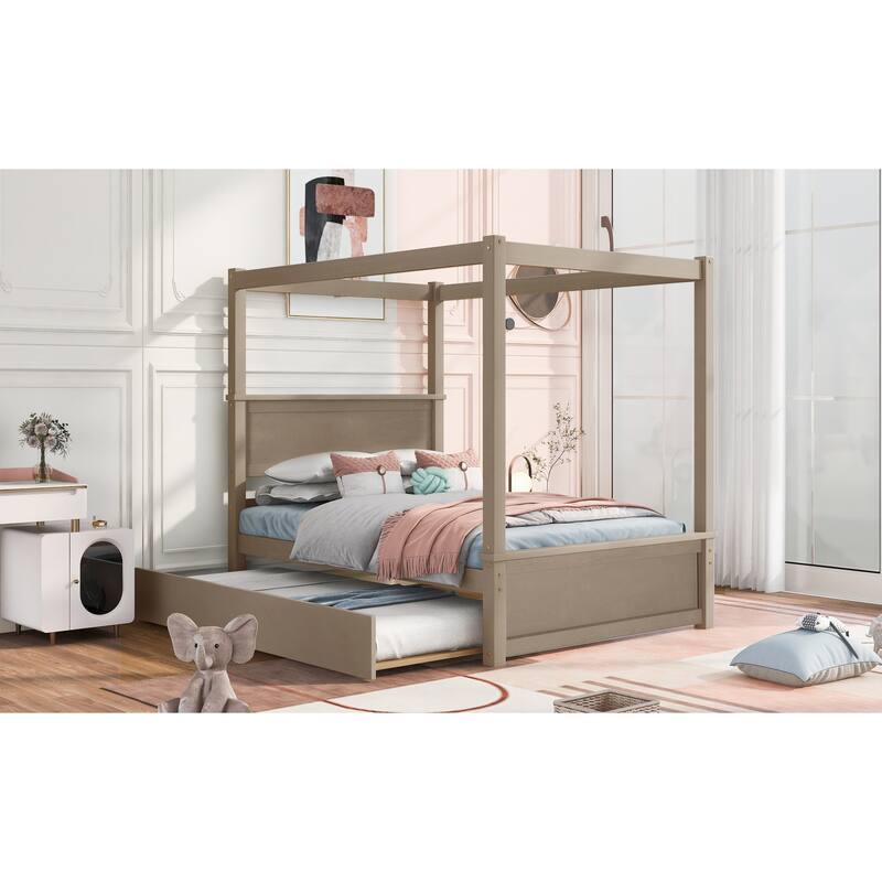 Full Size Canopy Platform Bed with Trundle, Solid Wood Frame, Support Slats Included