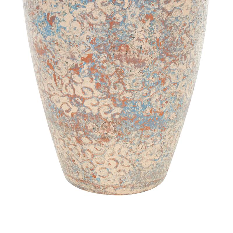 Beige Ceramic Handmade Antique Style Scroll Decorative Vase with Blue and Copper Accents