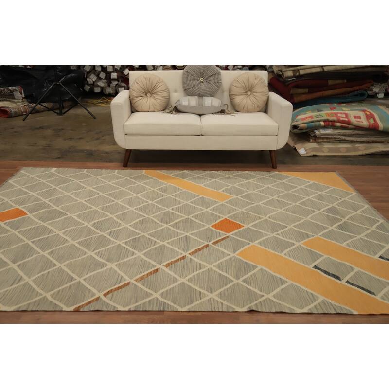Hand Woven Oriental 100% Wool Carpet Southwestern Modern Greys & Charcoal Kilim Area Rug - 9' 6'' X 6' 6''