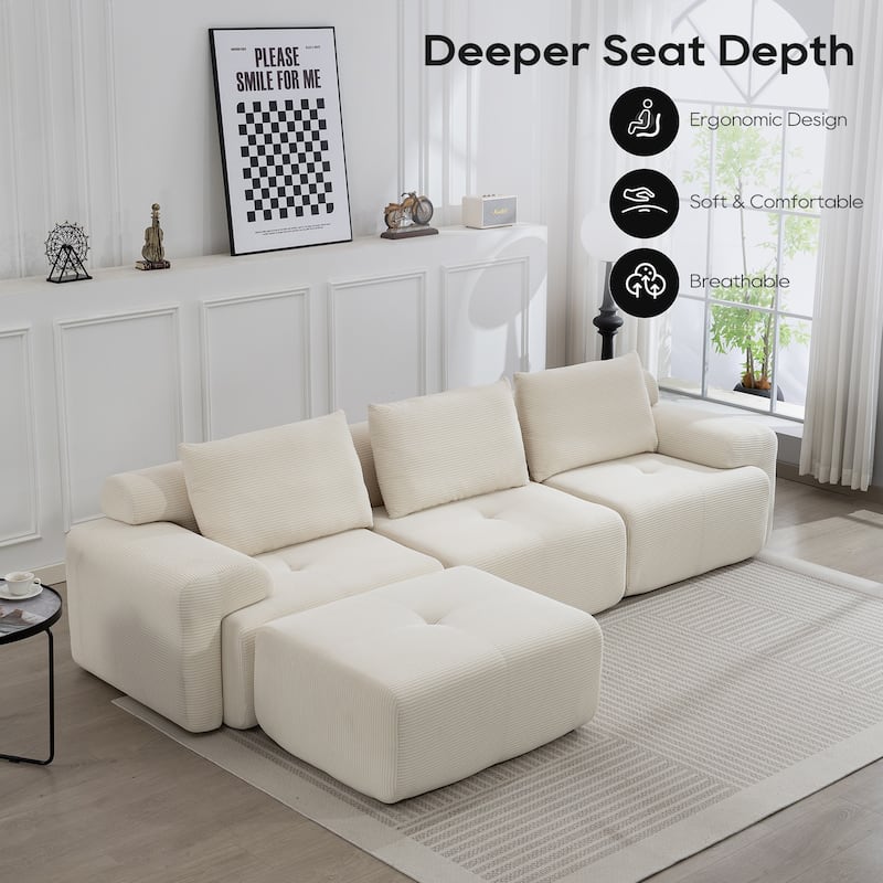 Corduroy Modular Sleeper Sofa Bed with Ottoman, L-shaped Sectional Couches for Living Room with Memory Foam and Steel Frame