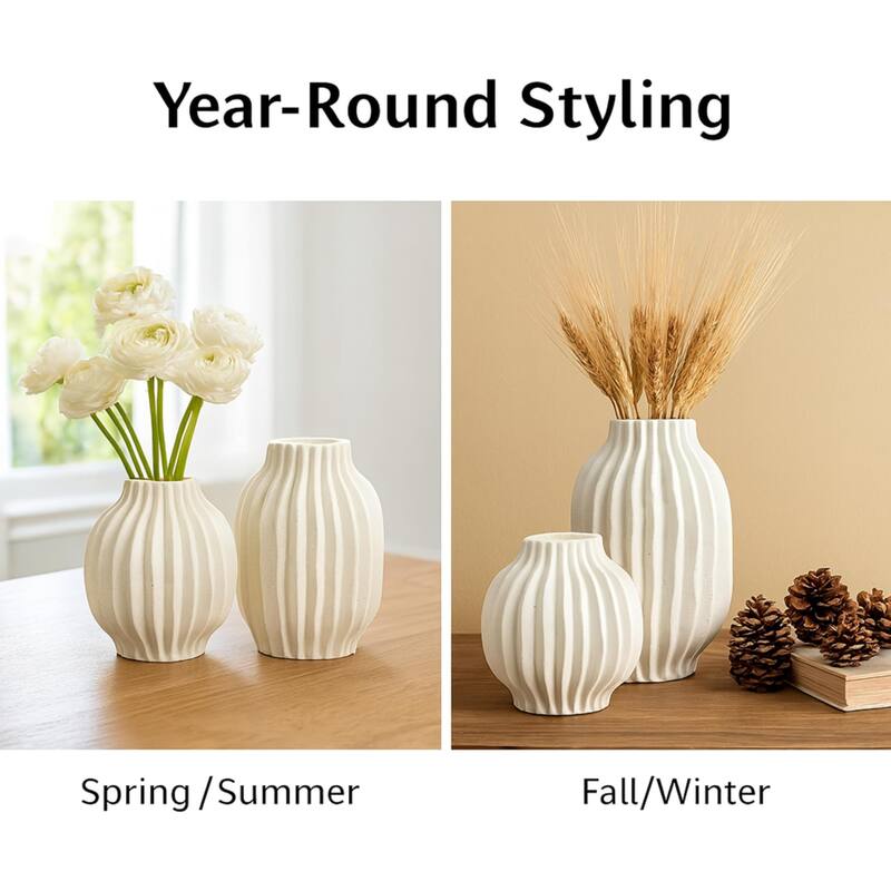 ARIA HOME White Vertical Grooved Modern Ceramic Table Vase Set of 2
