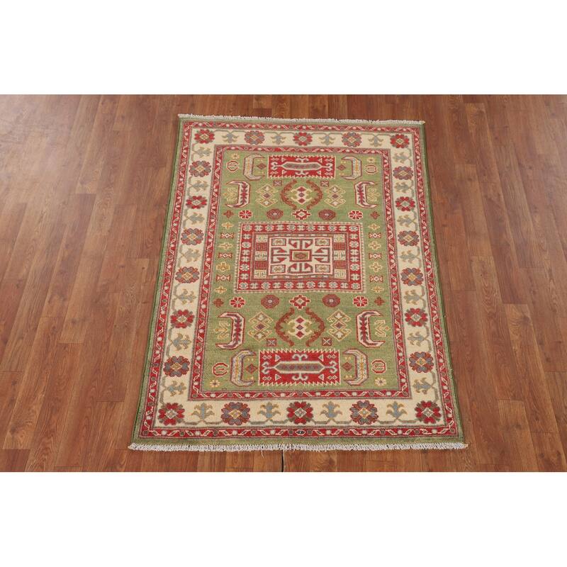 Light Green Geometric Kazak Accent Rug Handmade Wool Carpet - 3'4" x 4'7"