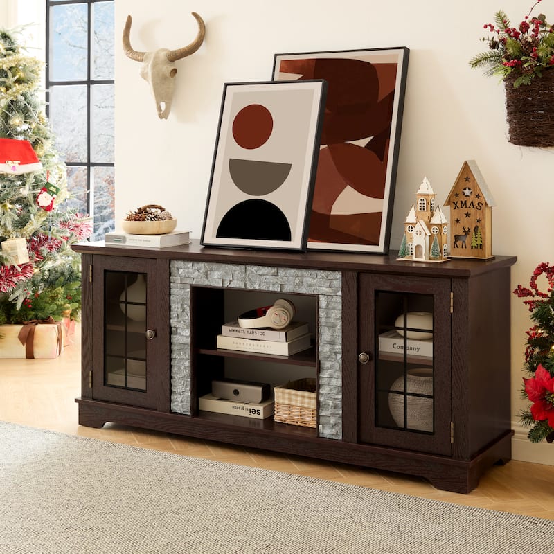 58" Modern TV Stand with 2-Door Storage, Faux Stone Media Console Cabinet, Cherry Large Entertainment Center for Living Room