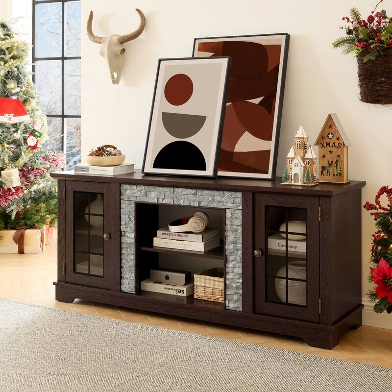 Modern TV Stand, Faux Stone Media Console Cabinet, Entertainment Center with 2-Door Storage, for Living Room, Cherry