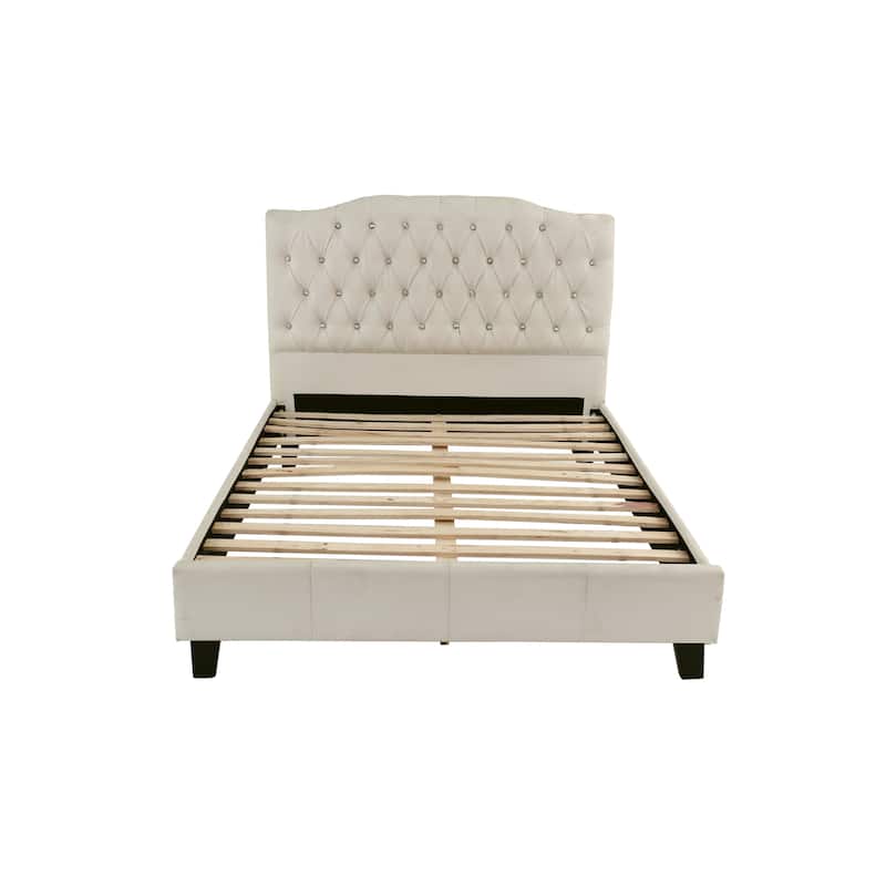 Modern Off-White Faux Leather Tufted Full Size Bed with Upholstered Headboard