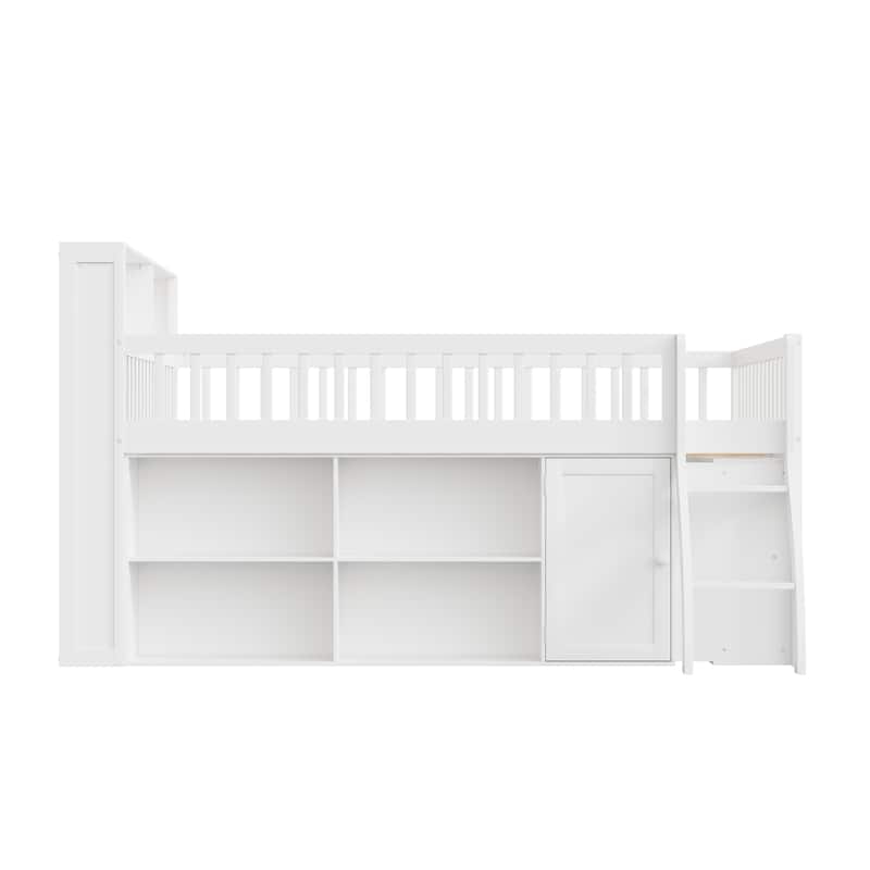 GDFStudio - PureSpace Modern Wooden Loft Bed with Storage and LED Headboard