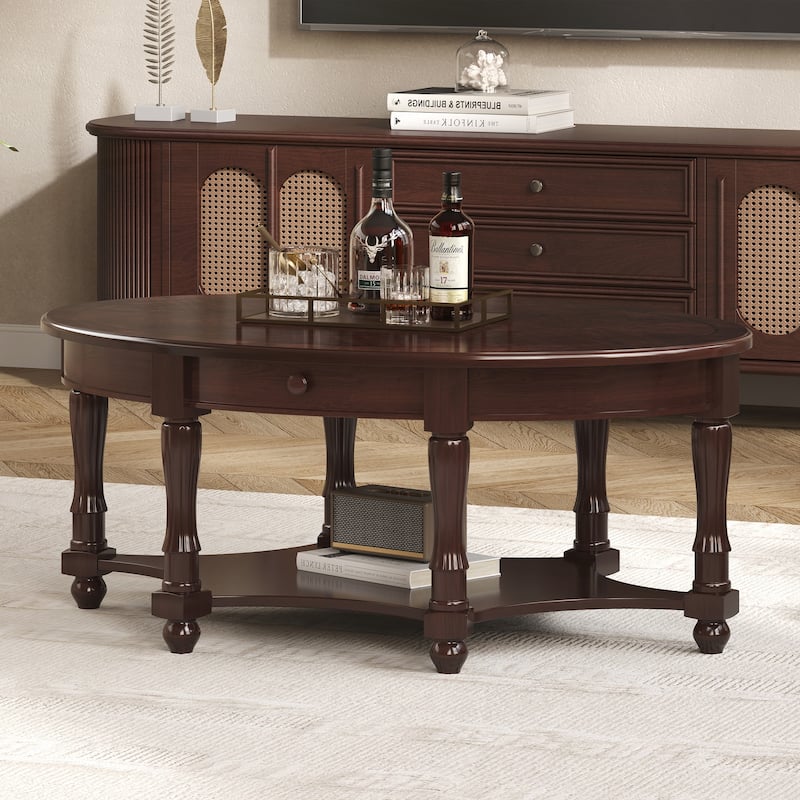Vintage Oval Coffee Table with Drawer and Storage Shelf