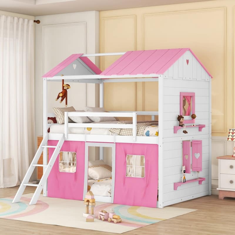 Twin Size Wood House Bed Bunk Bed with Windows, Sills and Tent - Pink