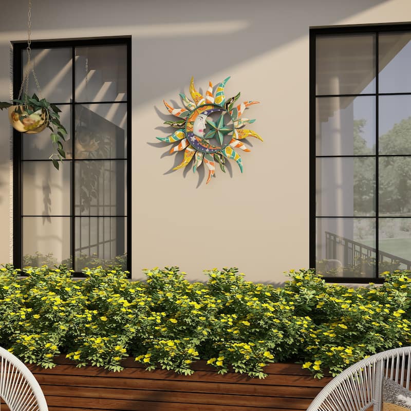Multi Color Metal Eclectic Whimsical Celestial Sun Art Wall Sculpture