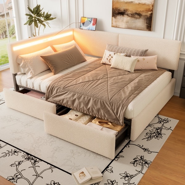 slide 2 of 7, Full/Twin Size Boucle Upholstered Cloud Bed Frame with Headboard, Solid Wood Legs - No Box Spring Needed Beige - Twin
