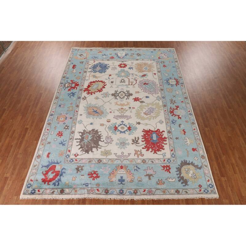 Ivory & Blue Oushak Indian Large Area Rug Handmade Wool Carpet - 10'1"x 13'10"