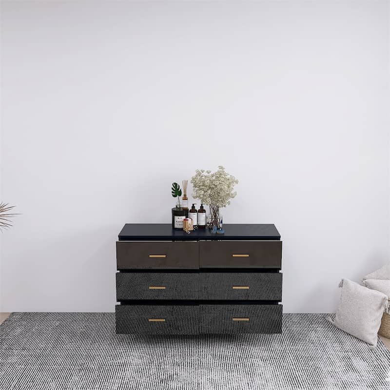 High Glossy Surface 6 Drawers Vanity with Handle and Steel Legs - N/A - Black