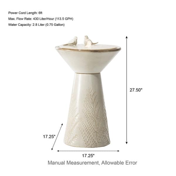 dimension image slide 0 of 2, Glitzhome 27.5"H LED Turquoise Two Birds Embossed Ceramic Fountain